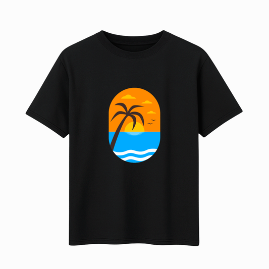 Beach Sunset Palm - Black Cotton Tee