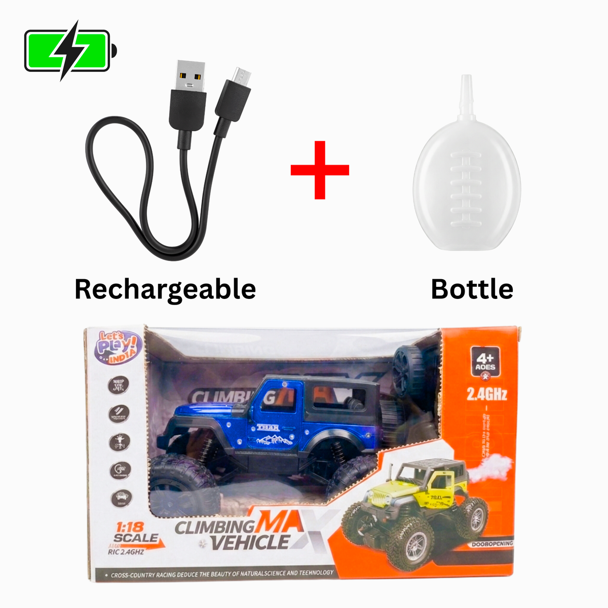 RC Climbing Max Car | 1:18 Scale Off-Road Car | Remote Control Car for Kids | Rechargeable Battery | BLUE COLOUR